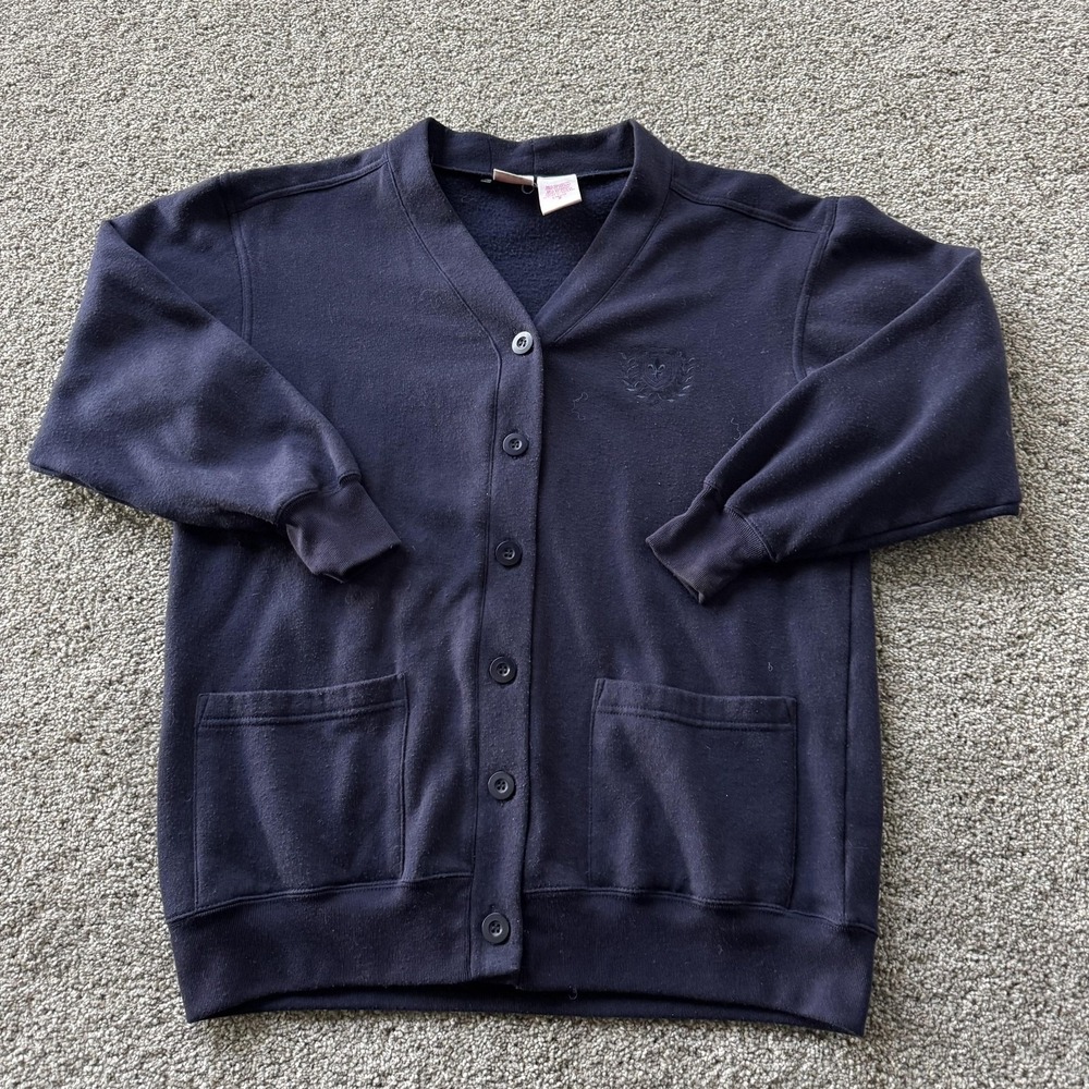 Hanes Her Way Cardigan Sweater Womens Small Navy Blue V Neck Fleece Pockets